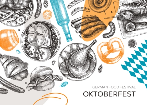 German food background in collage style. Oktoberfest menu trendy design. Vector meat dishes sketches and geometric shapes. German cuisine modern banner. Traditional Food festival illustration. 
